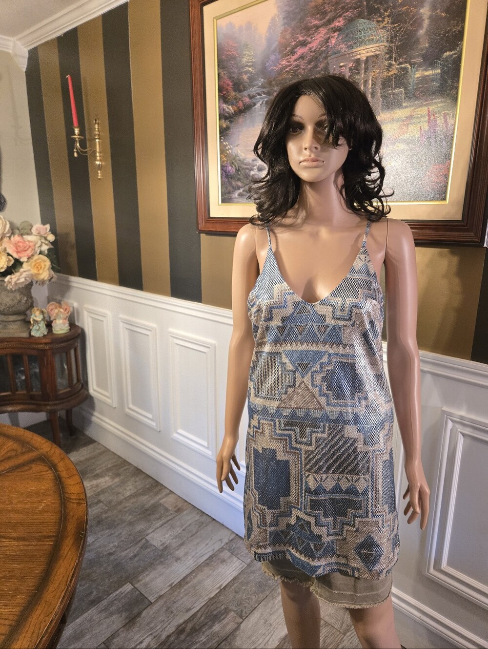 Desigual Blue and Cream Geometric Slip Dress Y2k